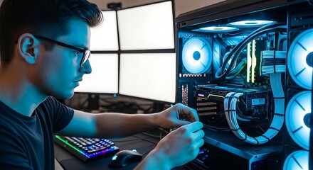 A young man wearing glasses is working on the inside of a computer tower, with multiple monitors and a keyboard in the background.