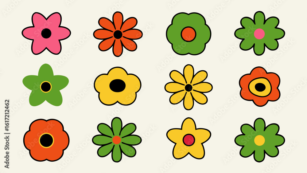 Poster charming groovy daisy flower icons in a simple flat black style perfect for various design projects 