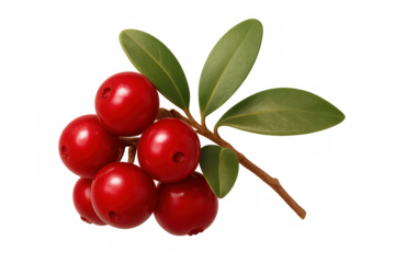Ripe red lingonberries dangling from leafy branch, suspended against transparent backdrop