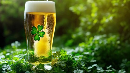 Beer in a mug with clover design, set on green grass with clovers around. - Powered by Adobe