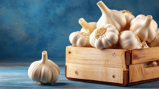 Fresh garlic bulbs overflowing from a rustic wooden crate, evoking the essence of healthy eating