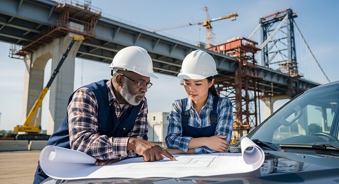 Two engineers, a man and a woman, review blueprints on a car hood at a construction site with a bridge under construction in the background.