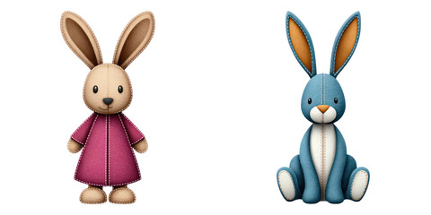 Obraz premium Handmade felt bunny toy in pink dress and blue sitting bunny with stitched details, cute and soft fabric animals for decoration
