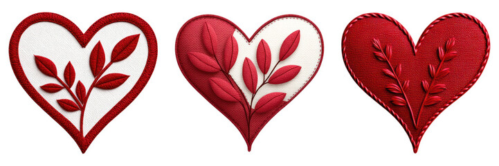 Handmade fabric hearts with stitched edges and red leaf patterns create warm and charming decorative craft element