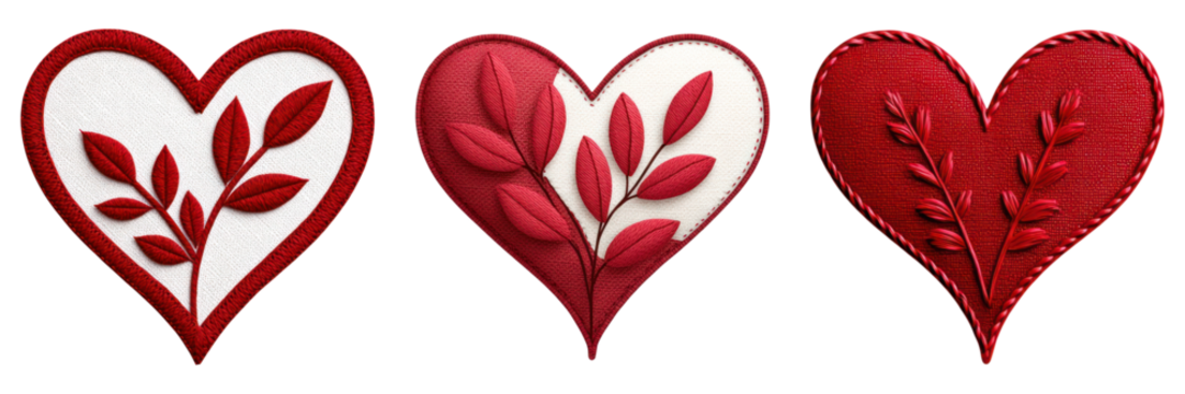 Handmade fabric hearts with stitched edges and red leaf patterns create warm and charming decorative craft element