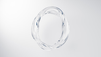 3D Illustration.Transparent liquid in a circular shape on a white background. The number 0. Twisted water. (Horizontal)