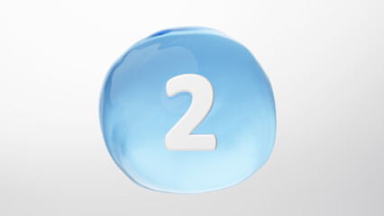 3D Illustration.A sphere resembling a water droplet on a white background with the number 2. Blue water droplet.  (horizontal)