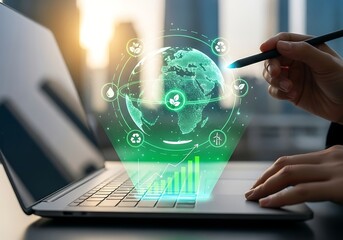 Businessperson Uses A Stylus On A Laptop That Projects A Green Hologram Of The Earth, A Growth Chart, And Various Sustainability Icons, Esg, Green Business, Sustainable Technology