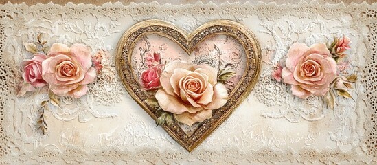 Delicate heart-shaped frame with roses on lace