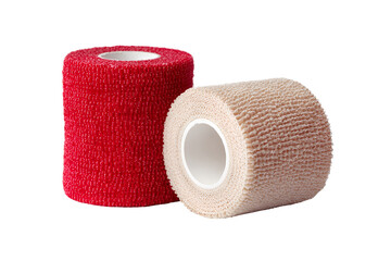 Red and beige elastic bandages medical supplies first aid