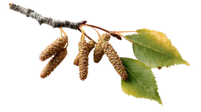 Birch branch with catkins and leaves on black background