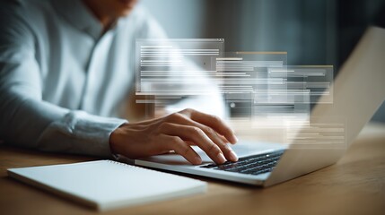 Person working on a laptop with digital data overlay