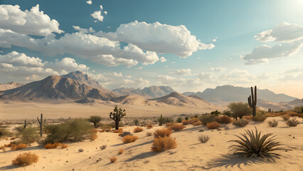 Vast desert landscape with mountains, cacti, and dramatic clouds under a clear blue sky