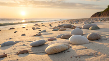 Serene beach pebbles bathed in golden sunset light, waves gently kiss the shore