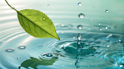 Vibrant green leaf with water droplets splashes into serene blue water creating ripples