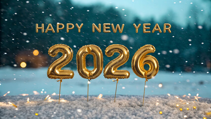 Celebrate the magic of 2026 with sparkling golden balloons in a festive winter wonderland setting.