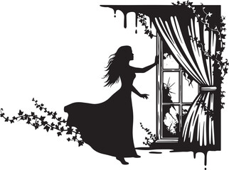 Silhouette of woman opening curtain in shattered window with ivy