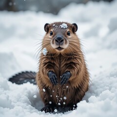 Fototapeta premium A baby beaver playing in the snow on a snowy day