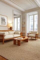 Fototapeta premium Sunlit beige living room with sofa, wooden coffee table, and armchair. Tall windows and framed wall art. Calm comfort and modern lifestyle. Ideal for real estate and interior ads.