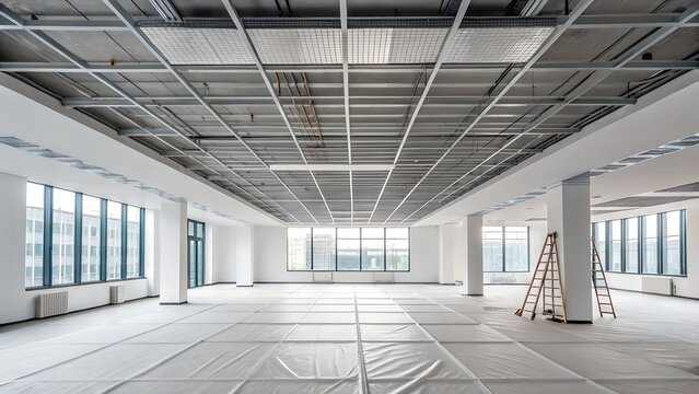 Spacious modern office interior under construction, ready for fit-out
