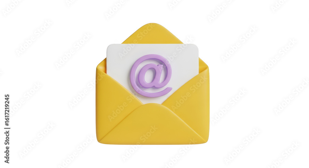 Poster 3d icon of an open yellow envelope with a white card inside displaying a purple at symbol, isolated 