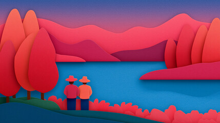 Serene Sunset Landscape Paper Cut Art of Two Figures by a Lake