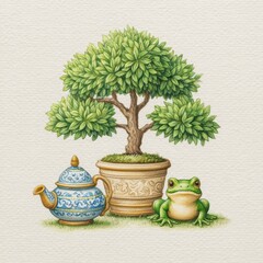 Green Frog Beside Bonsai Tree and Teapot Illustration