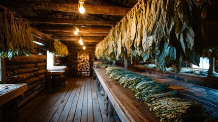  Curing Tobacco Leaves Hanging in a Rustic Barn. Rows of Cigar Tobacco Leaves Drying Slowly from Wooden Rafters.