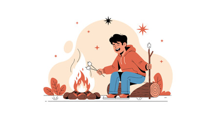 A happy camper roasting marshmallows over a cozy campfire under a starlit sky