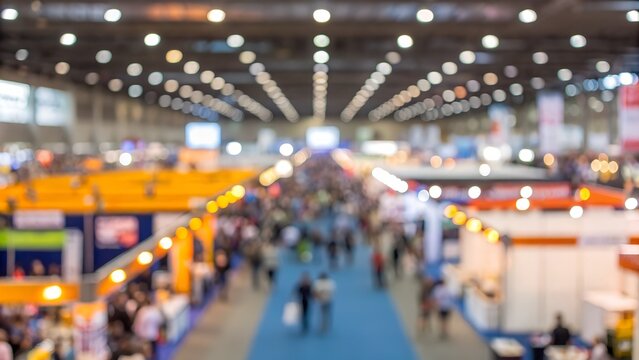 Vibrant exhibition hall bustling with attendees, energetic atmosphere