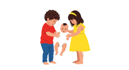 Joyful children lifting a baby illustration on white background