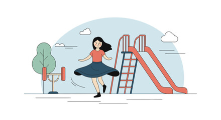 Fototapeta premium A joyful cartoon illustration of a girl playing in a park with a slide creating a nostalgic and playful atmosphere