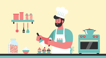A male pastry chef decorates cupcakes in a kitchen with a cheerful and inviting atmosphere using vibrant colors and whimsical details