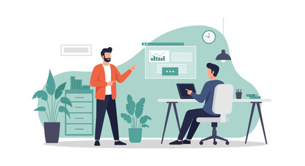 Business meeting and collaboration in office space with presentation of data analysis