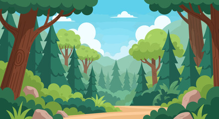 Fototapeta premium Lush green forest landscape illustration with winding path and tall trees