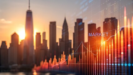 Fototapeta premium Dynamic financial market charts overlaying city skyline at sunset