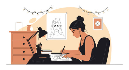 Creative Woman Working On A New Drawing Project In Her Home Studio