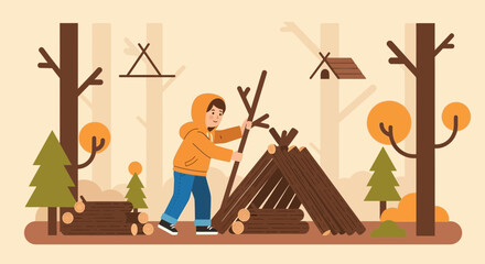 Cartoon Character Building a Shelter From Branches in the Woods Flat Design