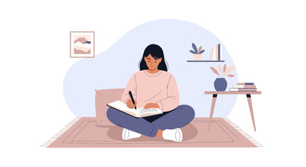 Creative Young Woman Writing in a Notebook At Home on the Floor