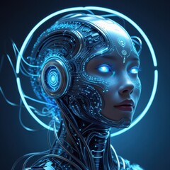 Obraz premium Portrait of a cyborg woman with glowing blue eyes and intricate circuitry details against a dark background