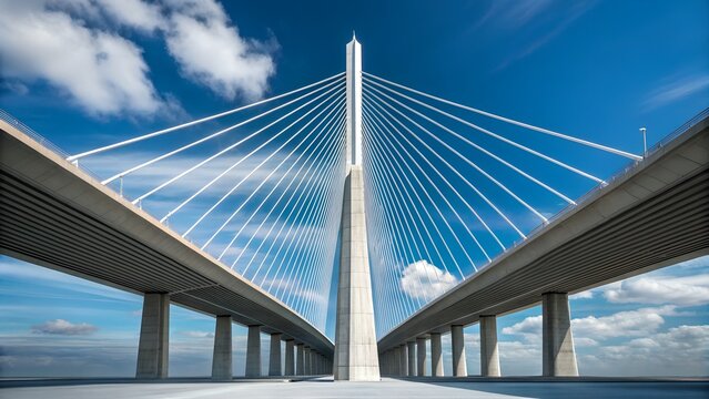 Majestic cable-stayed bridge soaring against a vibrant blue sky