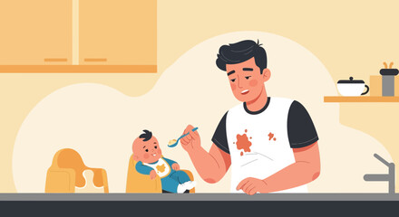 Dad Feeding Baby With Spoon In High Chair In Kitchen During Dinner Time