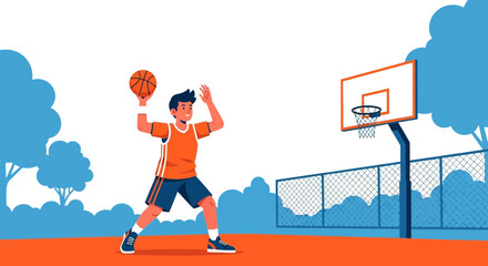 Cartoon illustration of a basketball player throwing the ball towards the hoop on the sports field with tree background