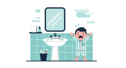 Cartoon illustration of a boy in pajamas surprised by a sink overflow in a bathroom