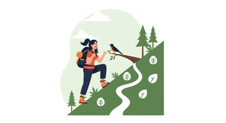 Adventurous Hiker Ascending Mountain Trail With Bird Illustration Art Style