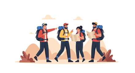 Adventurous Group Hiking And Using Map To Find Directions In Nature Scenery