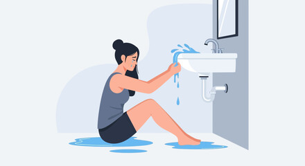 Desperate woman cries as she tries to stop overflowing sink in flooded bathroom