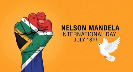 Nelson Mandela International Day image. Fist painted in South African flag colors. White dove of peace. Yellow background. July 18th.