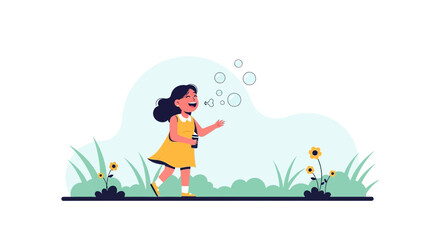 Cartoon Young Girl Is Blowing Soap Bubbles In Outdoor Summer Landscape