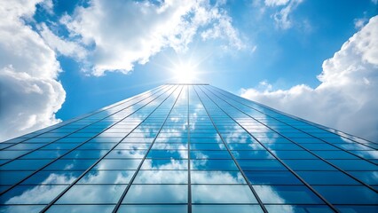 Modern skyscraper reflects sunlit clouds against blue sky